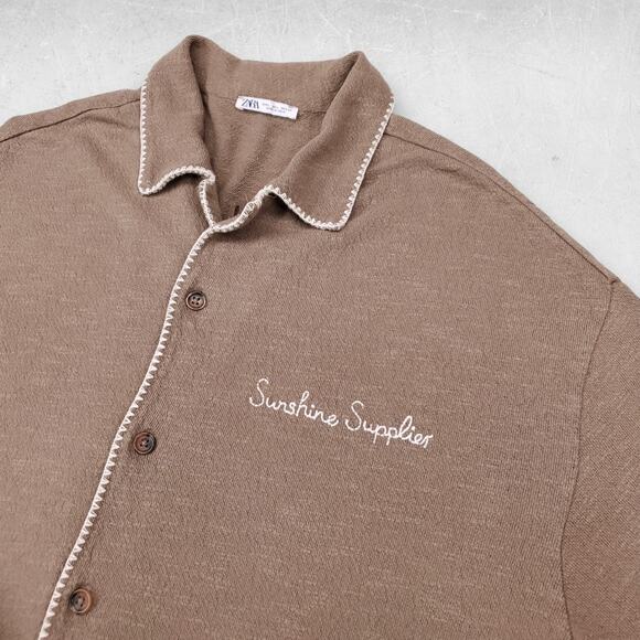 Zara Cardigan & Short Set Women L Brown Embroidered Trim Button Up Boho Casual - Picture 12 of 16